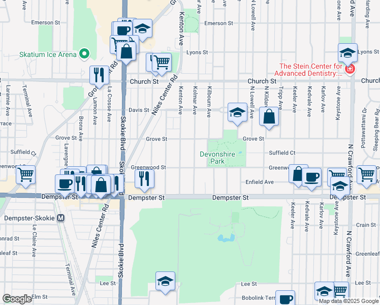 map of restaurants, bars, coffee shops, grocery stores, and more near 8930 Kolmar Avenue in Skokie