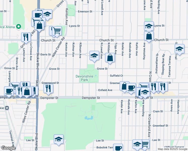 map of restaurants, bars, coffee shops, grocery stores, and more near 4400 Greenwood Street in Skokie