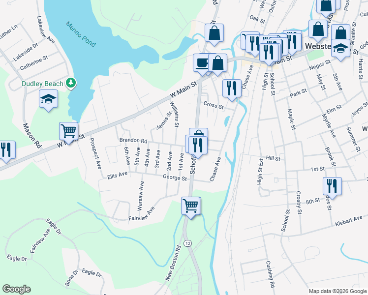map of restaurants, bars, coffee shops, grocery stores, and more near 23 Brandon Road in Dudley