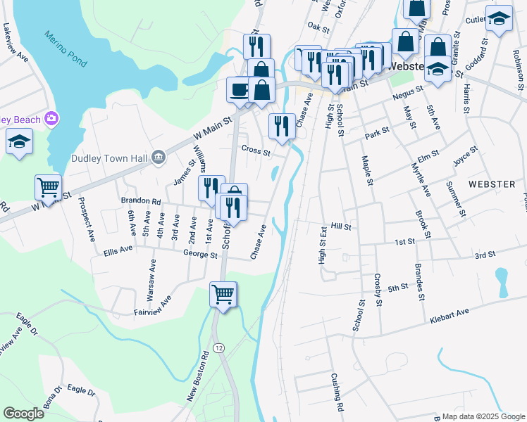 map of restaurants, bars, coffee shops, grocery stores, and more near 2 Brandon Road in Dudley