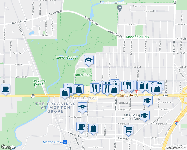 map of restaurants, bars, coffee shops, grocery stores, and more near 8920 Moody Avenue in Morton Grove
