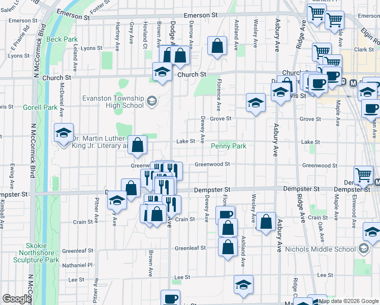 map of restaurants, bars, coffee shops, grocery stores, and more near 1419 Darrow Avenue in Evanston