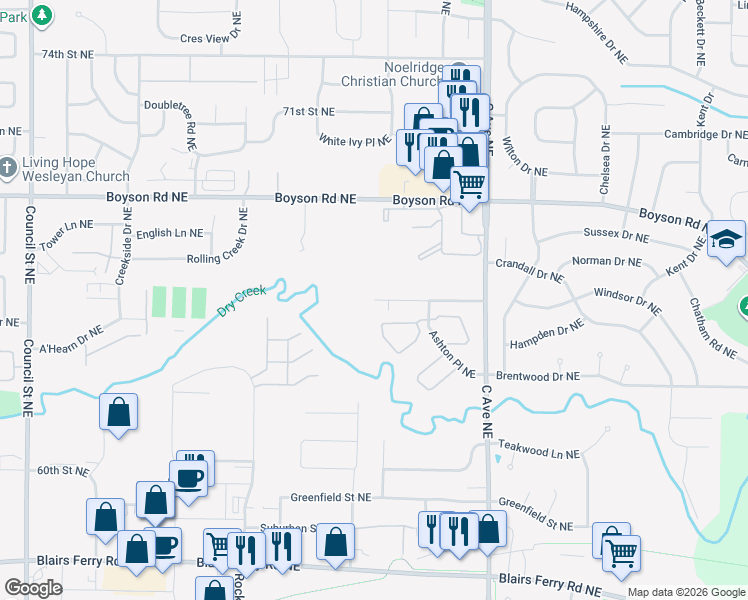 map of restaurants, bars, coffee shops, grocery stores, and more near 699 Broderick Drive Northeast in Cedar Rapids