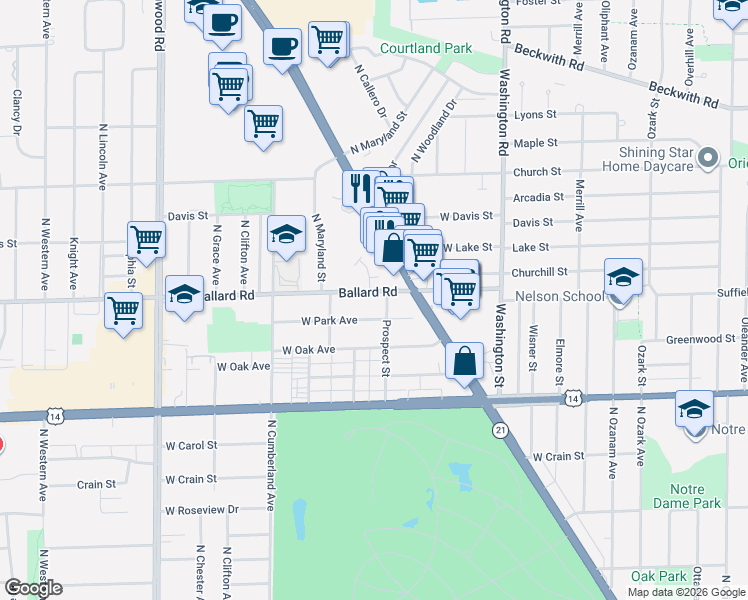 map of restaurants, bars, coffee shops, grocery stores, and more near 8203 Ballard Road in Niles