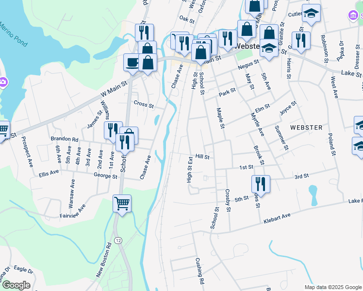 map of restaurants, bars, coffee shops, grocery stores, and more near 7 Carter Street in Webster