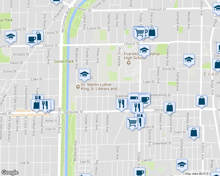 map of restaurants, bars, coffee shops, grocery stores, and more near 1423 Hartrey Avenue in Evanston