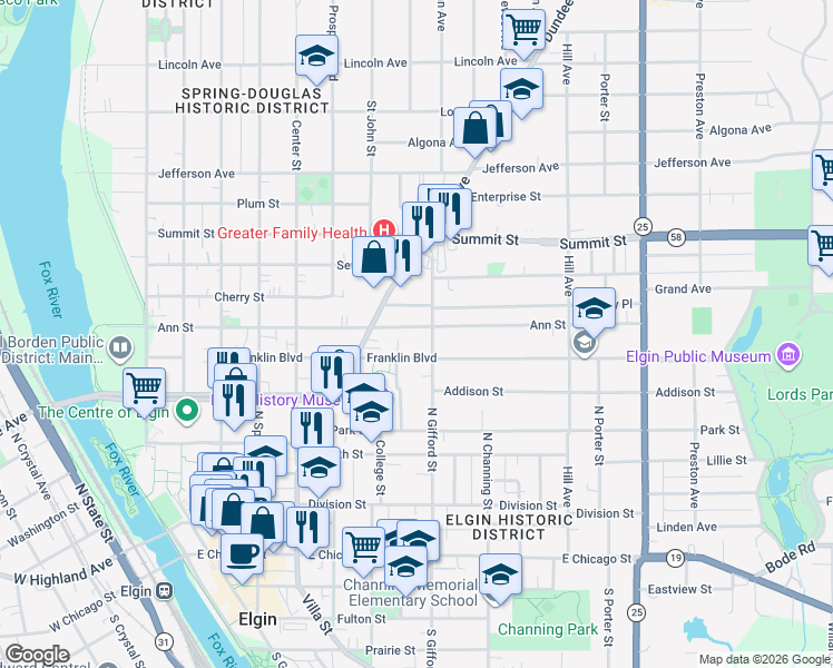 map of restaurants, bars, coffee shops, grocery stores, and more near 387 Ann Street in Elgin
