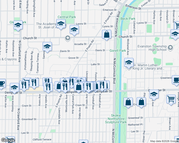 map of restaurants, bars, coffee shops, grocery stores, and more near 8927 Lincolnwood Drive in Evanston