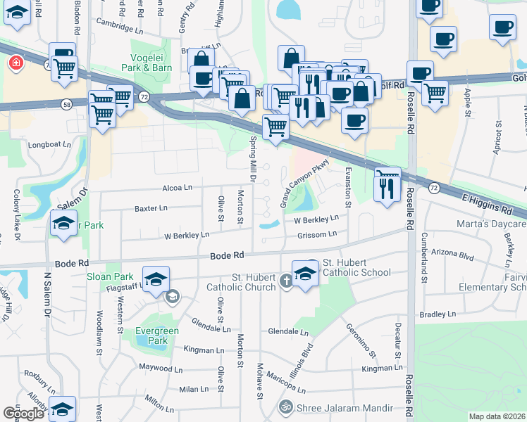 map of restaurants, bars, coffee shops, grocery stores, and more near 378 Juniper Tree Court in Hoffman Estates