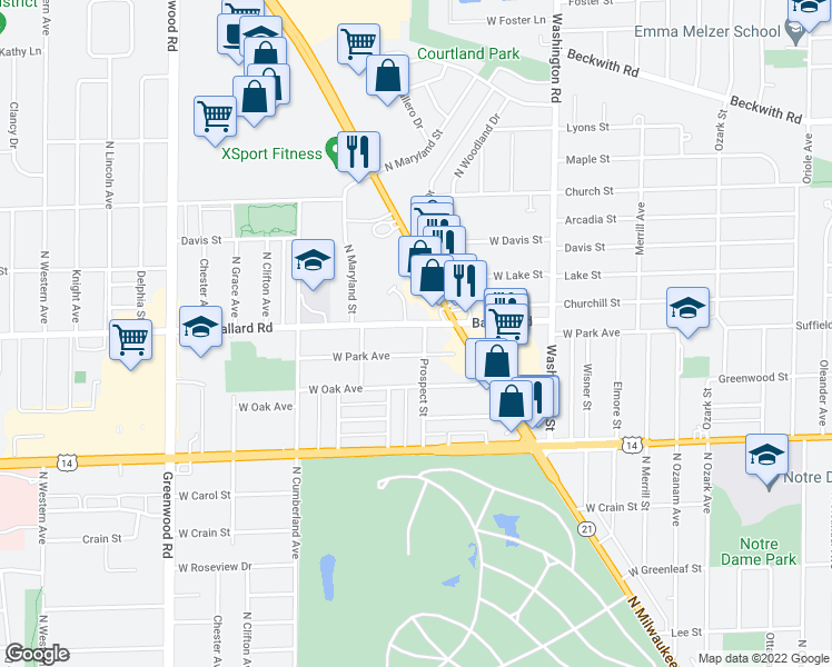 map of restaurants, bars, coffee shops, grocery stores, and more near 8203 Ballard Road in Niles