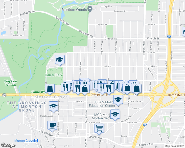 map of restaurants, bars, coffee shops, grocery stores, and more near 8920 Mason Avenue in Morton Grove