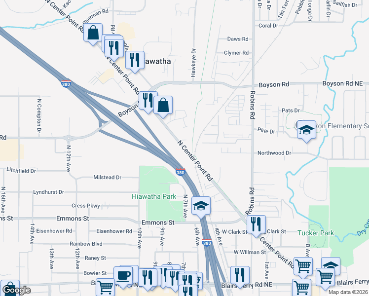 map of restaurants, bars, coffee shops, grocery stores, and more near 601 North Center Point Road in Hiawatha
