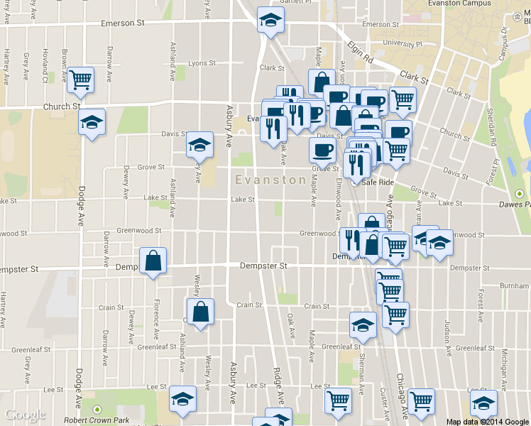 map of restaurants, bars, coffee shops, grocery stores, and more near 1425 Ridge Avenue in Evanston