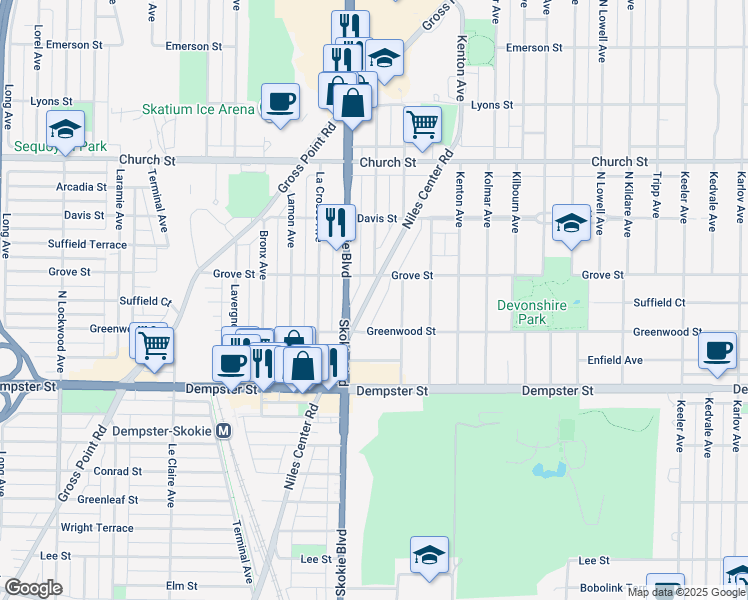map of restaurants, bars, coffee shops, grocery stores, and more near 8939 Niles Center Road in Skokie