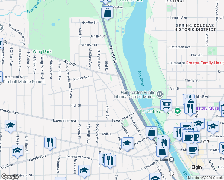 map of restaurants, bars, coffee shops, grocery stores, and more near 405 North Crystal Avenue in Elgin