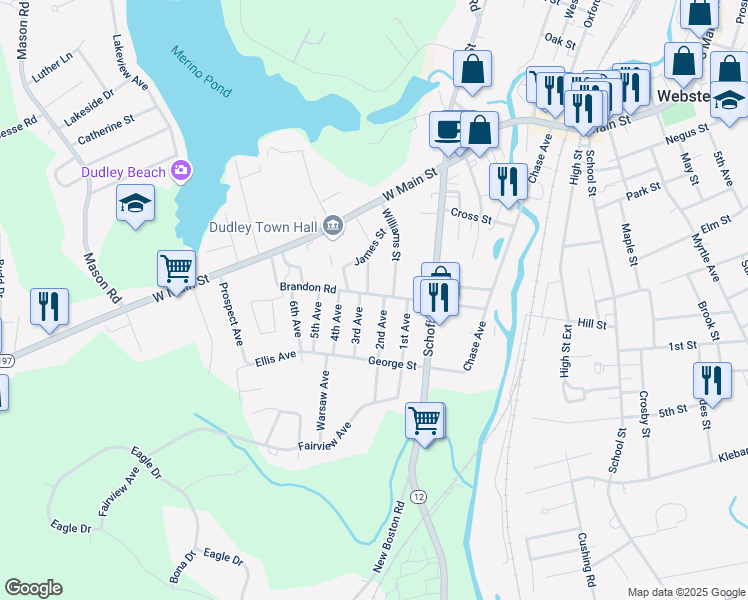 map of restaurants, bars, coffee shops, grocery stores, and more near 35 Brandon Road in Dudley