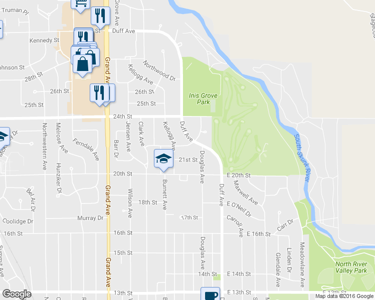 map of restaurants, bars, coffee shops, grocery stores, and more near 214 22nd Street in Ames