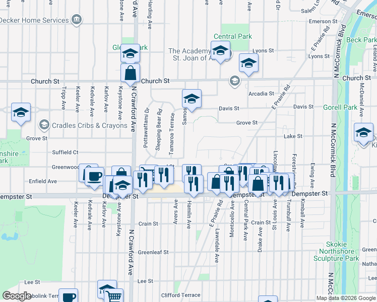 map of restaurants, bars, coffee shops, grocery stores, and more near 8931 Samoset Trail in Skokie