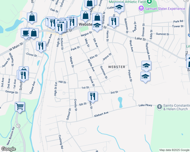 map of restaurants, bars, coffee shops, grocery stores, and more near 72 Myrtle Avenue in Webster