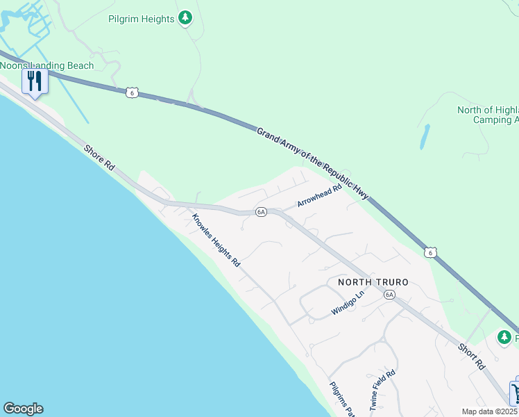 map of restaurants, bars, coffee shops, grocery stores, and more near 131 Shore Road in Provincetown