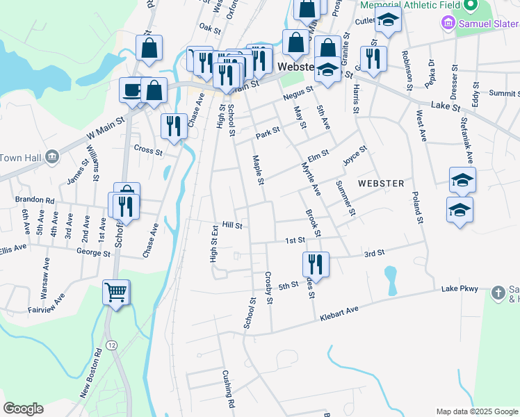 map of restaurants, bars, coffee shops, grocery stores, and more near 405 School Street in Webster