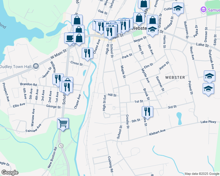 map of restaurants, bars, coffee shops, grocery stores, and more near 10 Day Lane in Webster