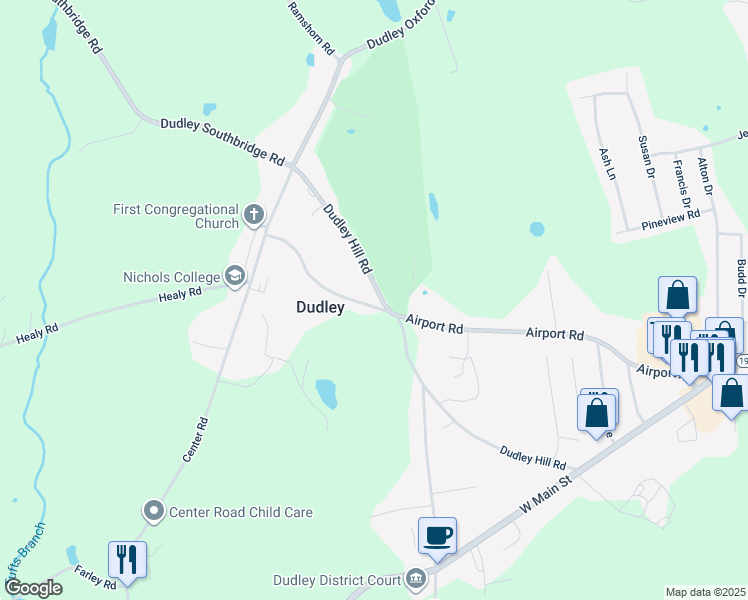 map of restaurants, bars, coffee shops, grocery stores, and more near 47 Dudley Hill Road in Dudley