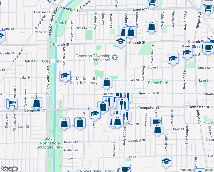 map of restaurants, bars, coffee shops, grocery stores, and more near 1419 Grey Avenue in Evanston