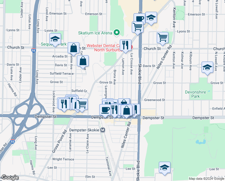 map of restaurants, bars, coffee shops, grocery stores, and more near 8927 Lavergne Avenue in Skokie