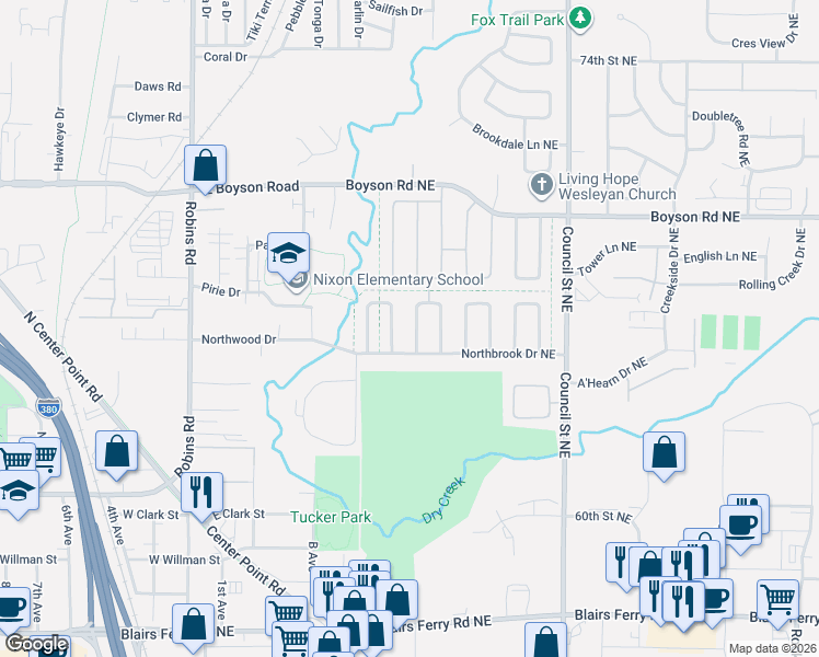 map of restaurants, bars, coffee shops, grocery stores, and more near 6512-6516 Laurel Lane Northeast in Cedar Rapids