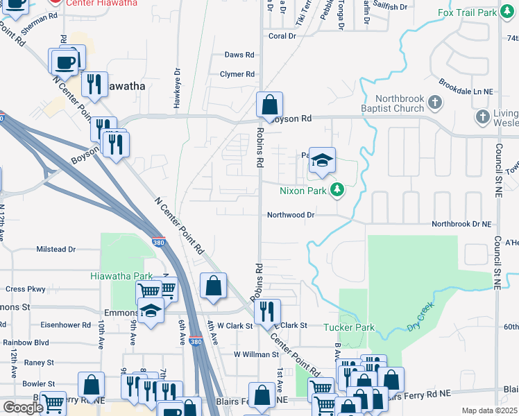 map of restaurants, bars, coffee shops, grocery stores, and more near 505 Robins Road in Hiawatha