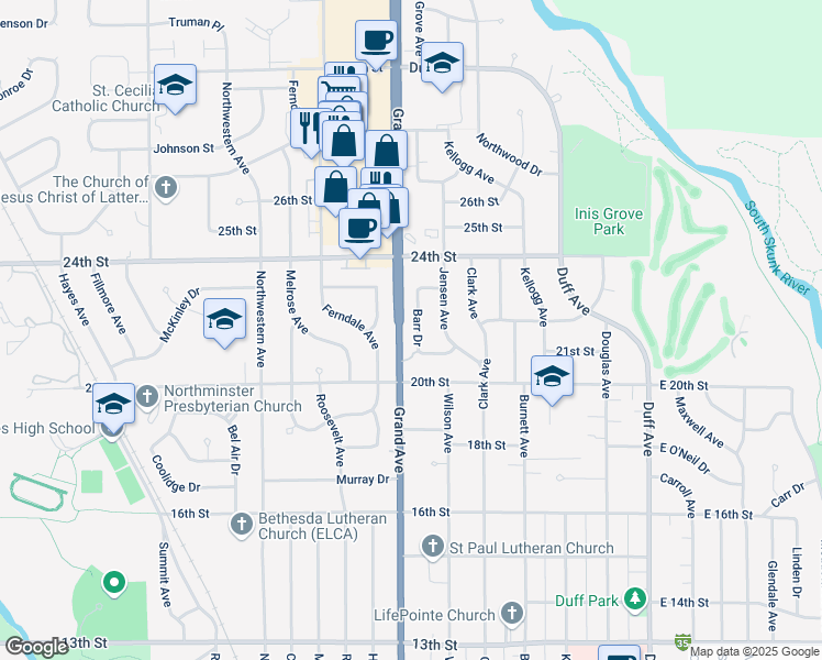 map of restaurants, bars, coffee shops, grocery stores, and more near 2112 Barr Drive in Ames