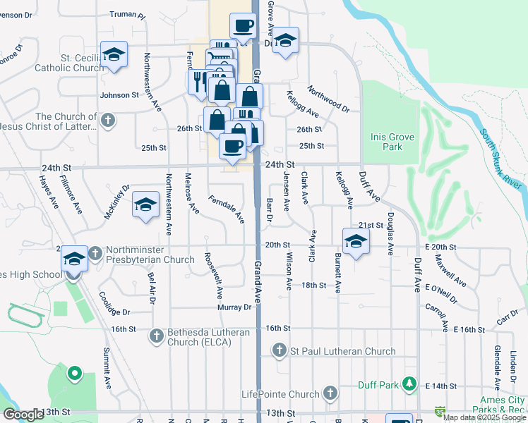 map of restaurants, bars, coffee shops, grocery stores, and more near 2112 Barr Drive in Ames