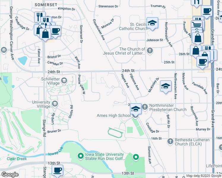 map of restaurants, bars, coffee shops, grocery stores, and more near 1801 20th Street in Ames