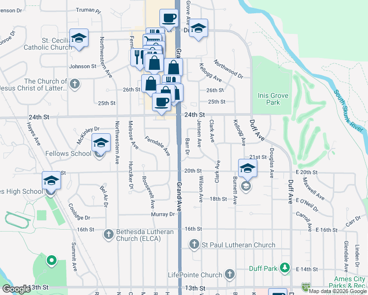 map of restaurants, bars, coffee shops, grocery stores, and more near 2115 Barr Drive in Ames