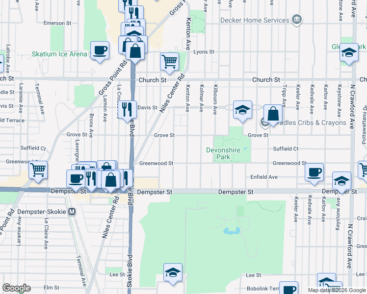map of restaurants, bars, coffee shops, grocery stores, and more near 8934 Kenton Avenue in Skokie