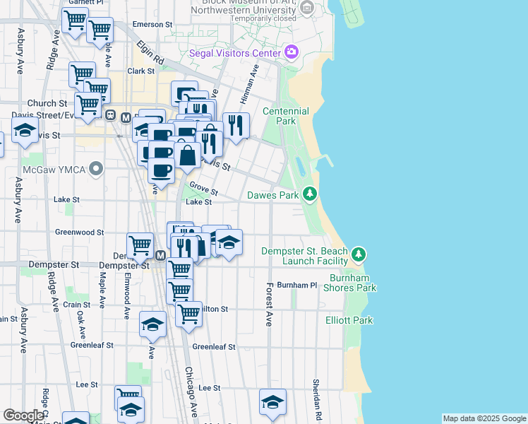 map of restaurants, bars, coffee shops, grocery stores, and more near 1426 Forest Avenue in Evanston