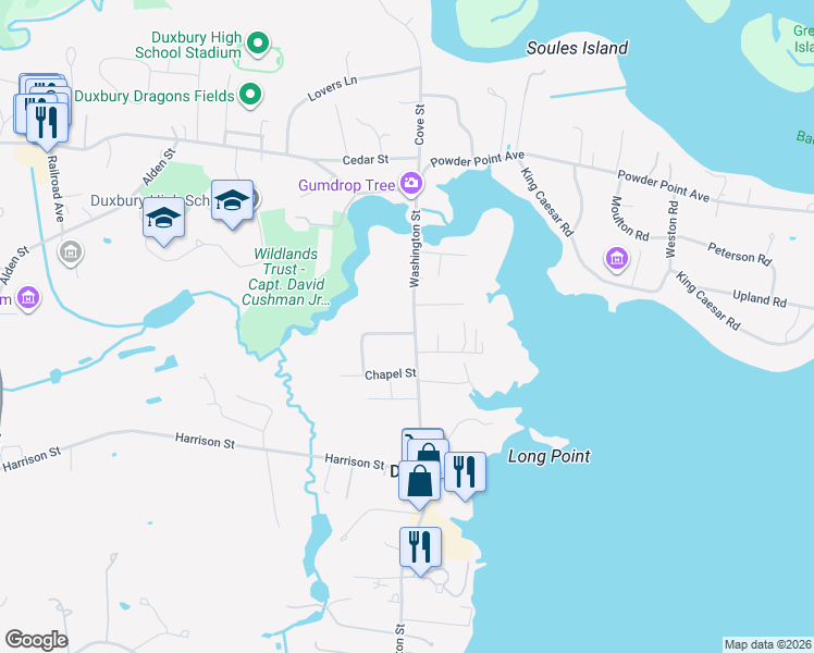 map of restaurants, bars, coffee shops, grocery stores, and more near 590 Washington Street in Duxbury