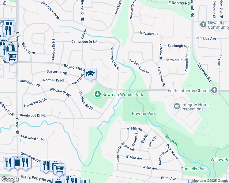 map of restaurants, bars, coffee shops, grocery stores, and more near 100 Brentwood Drive Northeast in Cedar Rapids