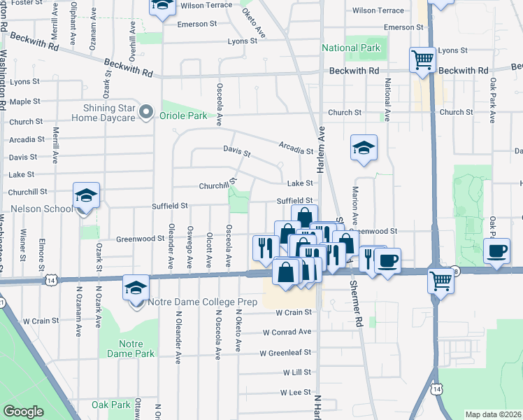 map of restaurants, bars, coffee shops, grocery stores, and more near 8924 Odell Avenue in Morton Grove