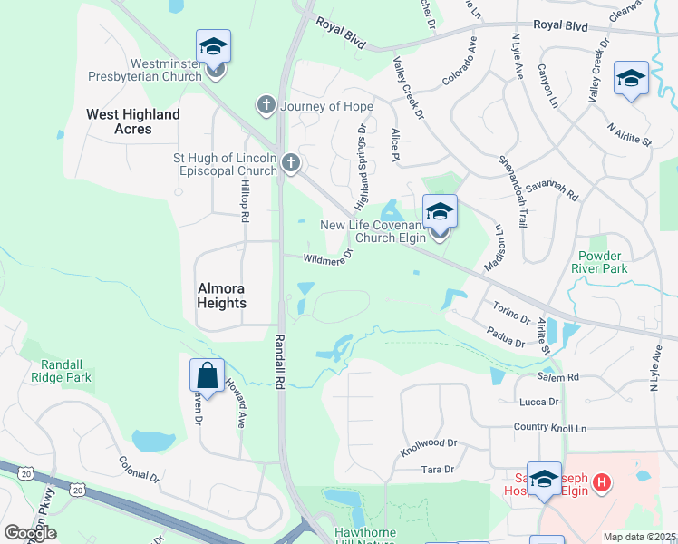 map of restaurants, bars, coffee shops, grocery stores, and more near 36W851 Wildmere Drive in Elgin