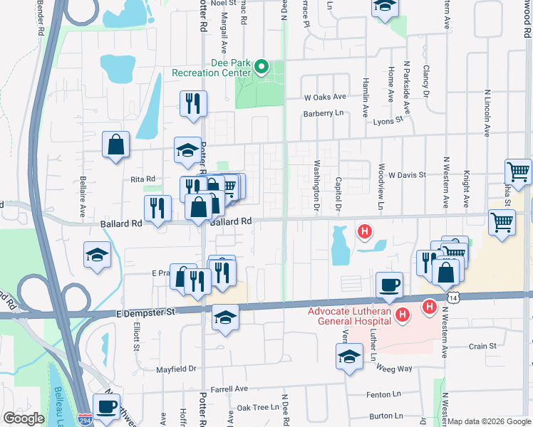 map of restaurants, bars, coffee shops, grocery stores, and more near 9104 North Lincoln Drive in Des Plaines