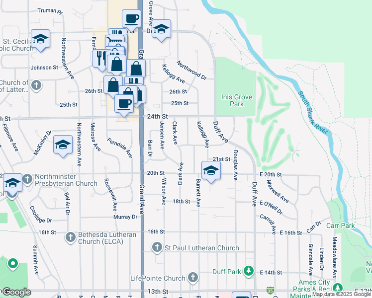 map of restaurants, bars, coffee shops, grocery stores, and more near 418 22nd Street in Ames
