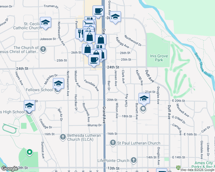 map of restaurants, bars, coffee shops, grocery stores, and more near 2112 Barr Drive in Ames