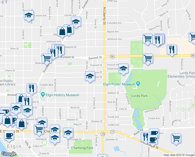 map of restaurants, bars, coffee shops, grocery stores, and more near 569 Ann Street in Elgin