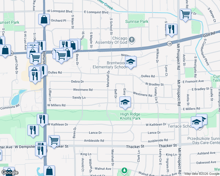 map of restaurants, bars, coffee shops, grocery stores, and more near 461 Marshall Drive in Des Plaines
