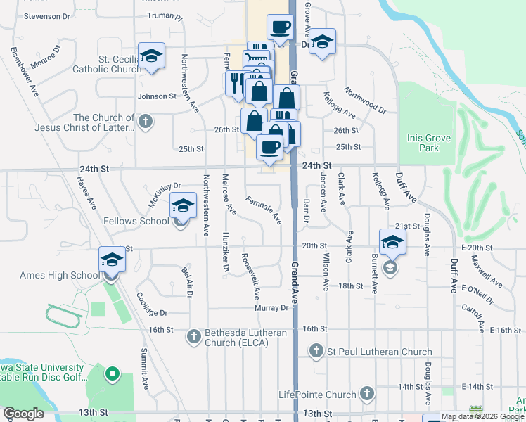 map of restaurants, bars, coffee shops, grocery stores, and more near 2115 Ferndale Avenue in Ames