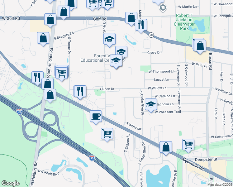 map of restaurants, bars, coffee shops, grocery stores, and more near 707 Falcon Drive in Arlington Heights