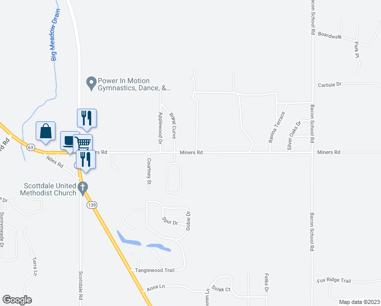 map of restaurants, bars, coffee shops, grocery stores, and more near 1301 Miners Road in St. Joseph