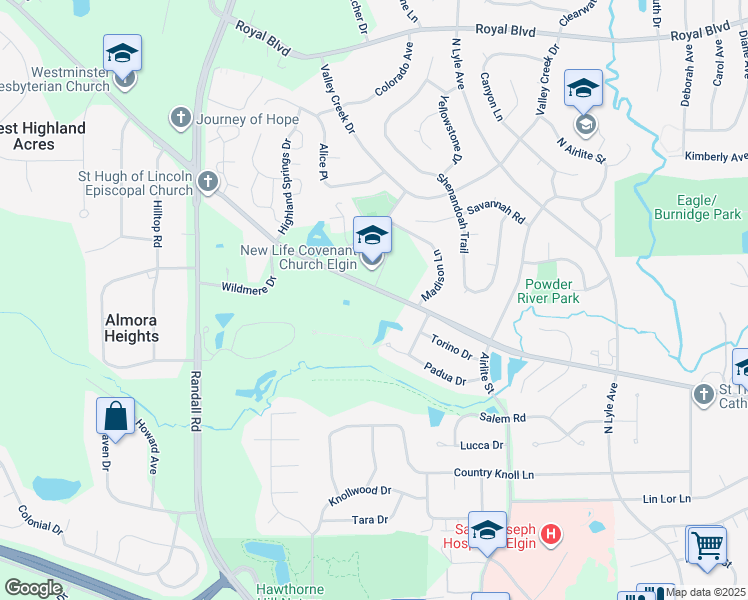 map of restaurants, bars, coffee shops, grocery stores, and more near 36W609 Highland Avenue in Elgin